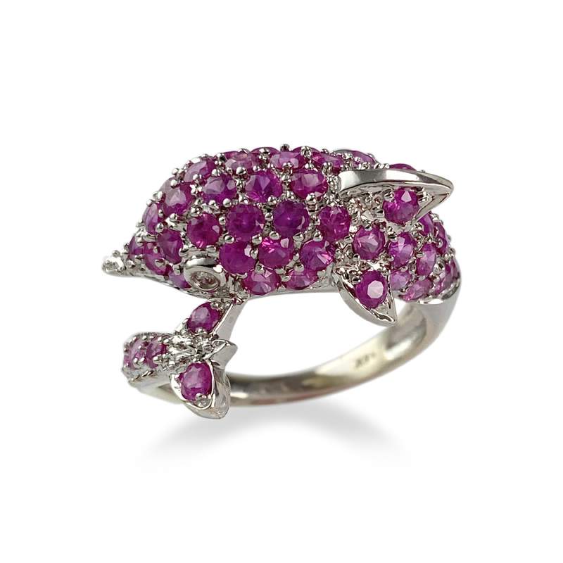 Bague dauphin d'occasion or 585 blanc rubis diamants - vue 1