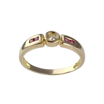 Tweedehands goud 750 gele diamant robijn ring
