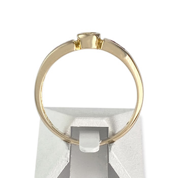 Tweedehands goud 750 gele diamant robijn ring