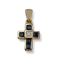Pendentif croix d'occasion or 750 jaune saphirs diamant