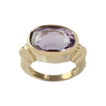 Tweedehands gouden ring 750 geel amethist robijn