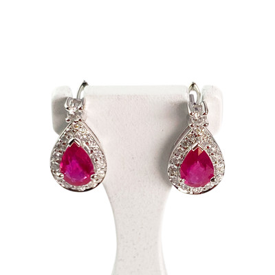 Boucles d'oreilles dormeuses or 750 blanc rubis diamants - vue 1