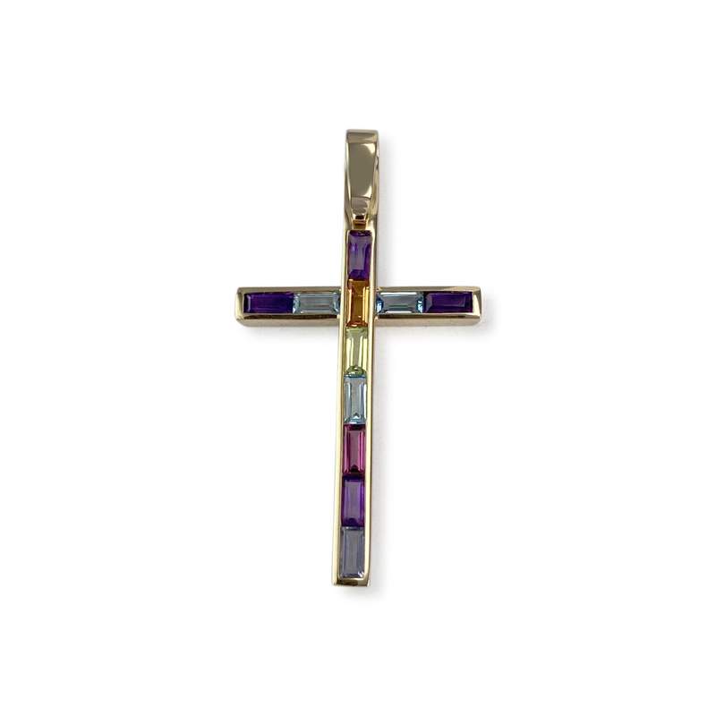Pendentif croix Guy Laroche d'occasion or 750 jaune améthystes grenat topazes bleues traitées peridot citrine - vue 1