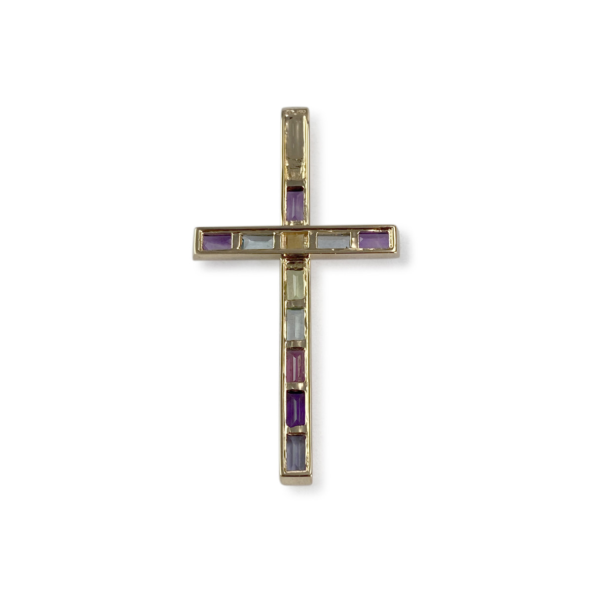 Pre-owned Guy Laroche cross pendant in 750 yellow gold with amethysts, garnets, treated blue topazes, peridot, and citrine - view 2
