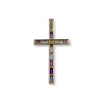 Pre-owned Guy Laroche cross pendant in 750 yellow gold with amethysts, garnets, treated blue topazes, peridot, and citrine - view 2