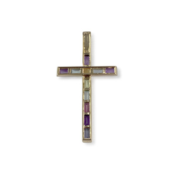 Pre-owned Guy Laroche cross pendant in 750 yellow gold with amethysts, garnets, treated blue topazes, peridot, and citrine