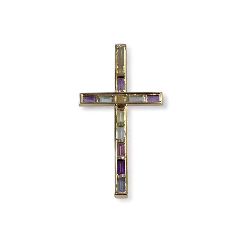 Pendentif croix Guy Laroche d'occasion or 750 jaune améthystes grenat topazes bleues traitées peridot citrine - vue 2