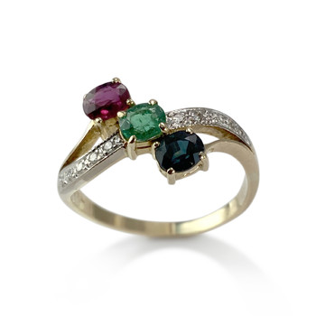 Tweedehands 585 goud 2 toon robijn saffier smaragd diamanten ring