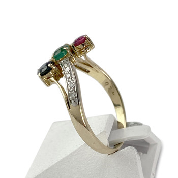 Tweedehands 585 goud 2 toon robijn saffier smaragd diamanten ring