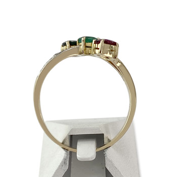Tweedehands 585 goud 2 toon robijn saffier smaragd diamanten ring