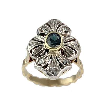 Tweedehands goud 750 geel zilver 925 saffier diamanten ring