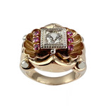 Pre-owned 14K two-tone gold ring with synthetic rubies and zirconia - view 1