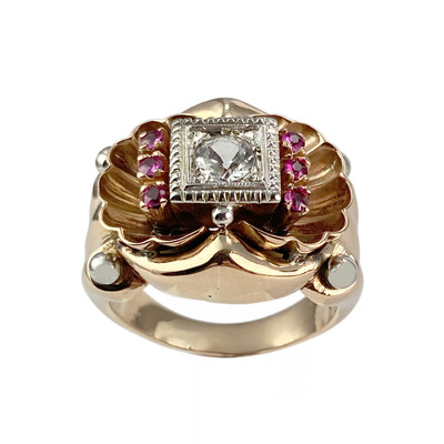 Pre-owned 14K two-tone gold ring with synthetic rubies and zirconia - view 1