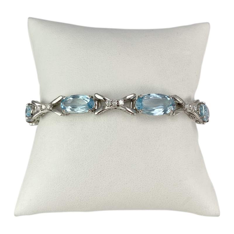 Bracelet d'occasion or 750 blanc maille fantaisie diamants aigues marines 18 cm - vue 1