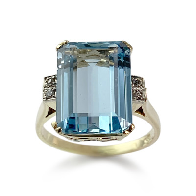 Bague d'occasion or 585 2 tons aigue marine diamants