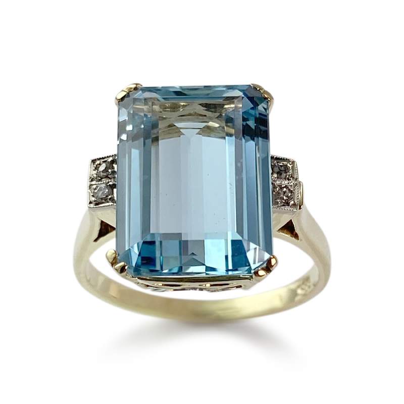 Tweekleurige tweedehands ring van 585 goud met aquamarijn en diamanten - afbeelding 1