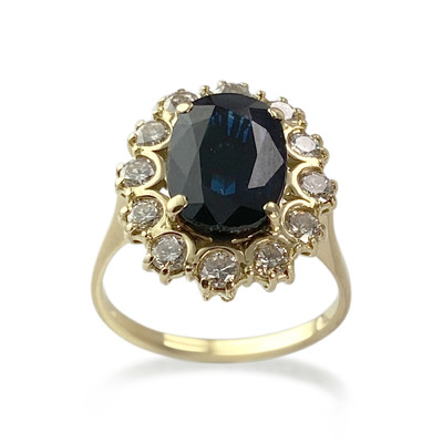 Pre-owned 14K yellow gold ring with diamonds and sapphires - view 1