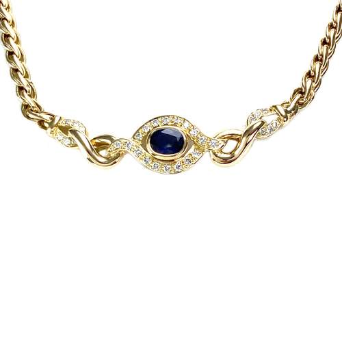 Collier d'occasion or 750 jaune maille fantaisie diamants saphir 38 cm