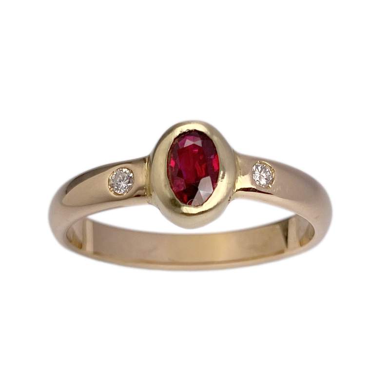 Bague d'occasion or 750 jaune diamants pierres rouges - vue 1