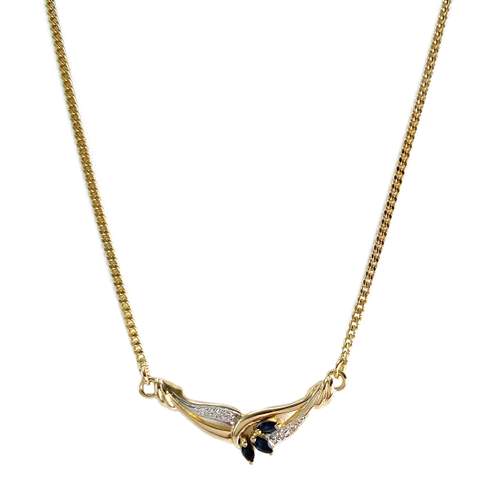 Collier d'occasion or 375 2 tons maille gourmette saphirs diamants 69,5 cm