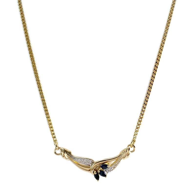 Collier d'occasion or 375 2 tons maille gourmette saphirs diamants 69,5 cm - vue 1