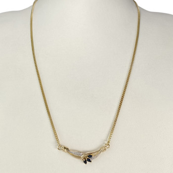 Pre-owned 375 gold two-tone curb chain necklace with sapphires and diamonds, 69.5 cm