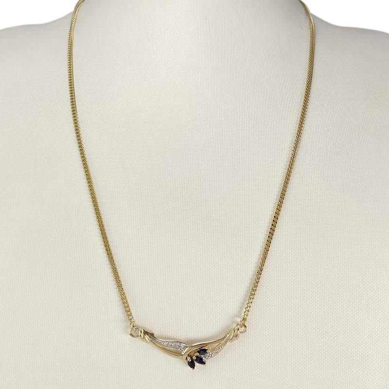 Collier d'occasion or 375 2 tons maille gourmette saphirs diamants 69,5 cm - vue 2