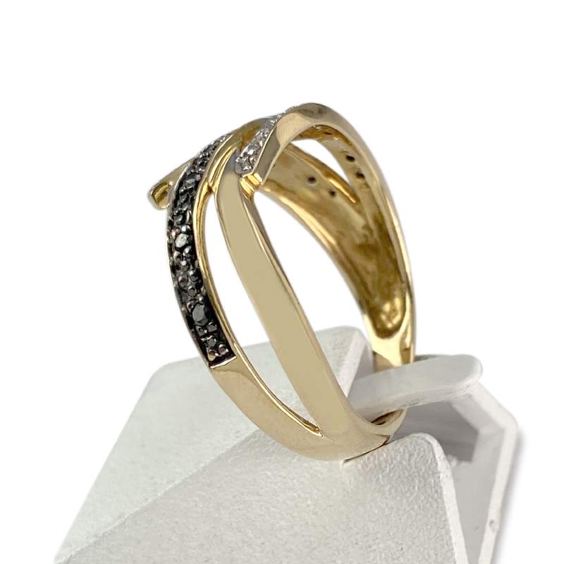 Bague d'occasion or 750 jaune avec diamants blancs et diamants noirs traités - vue 2