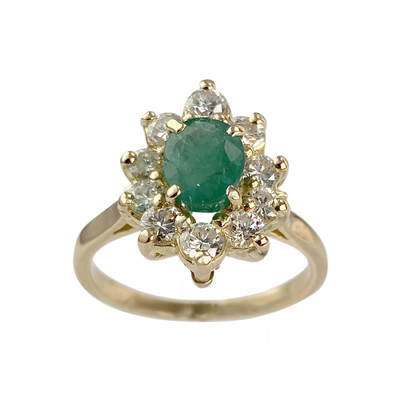 Bague d'occasion or 750 jaune fleur émeraude diamants - vue 1