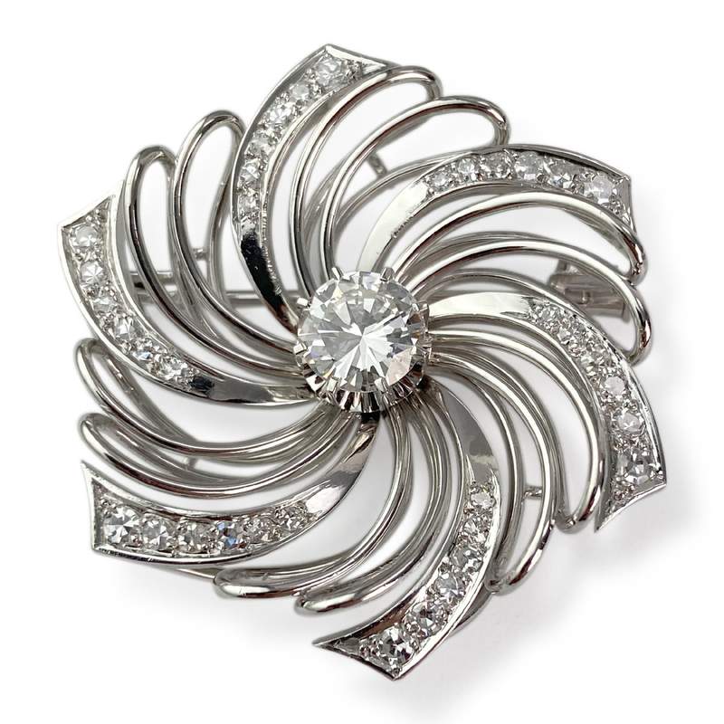Broche d'occasion or 750 blanc fleur diamants - vue 1
