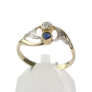 Tweedehands gouden 750 gele diamanten saffieren ring