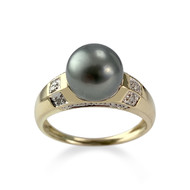 Bague d'occasion or 750 jaune diamants perle de Tahiti