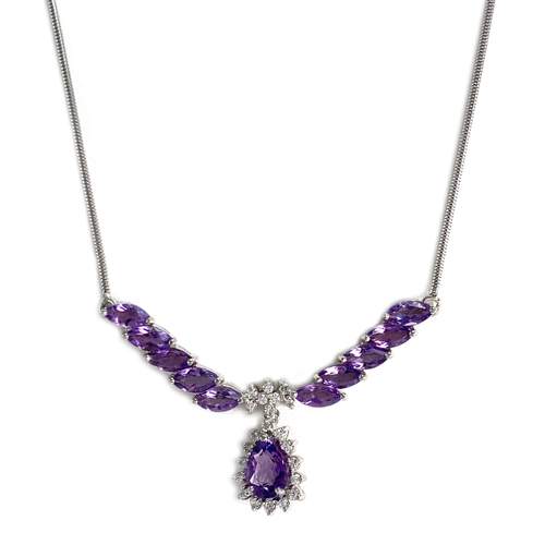Collier d'occasion or 750 blanc maille serpentine améthystes diamants
