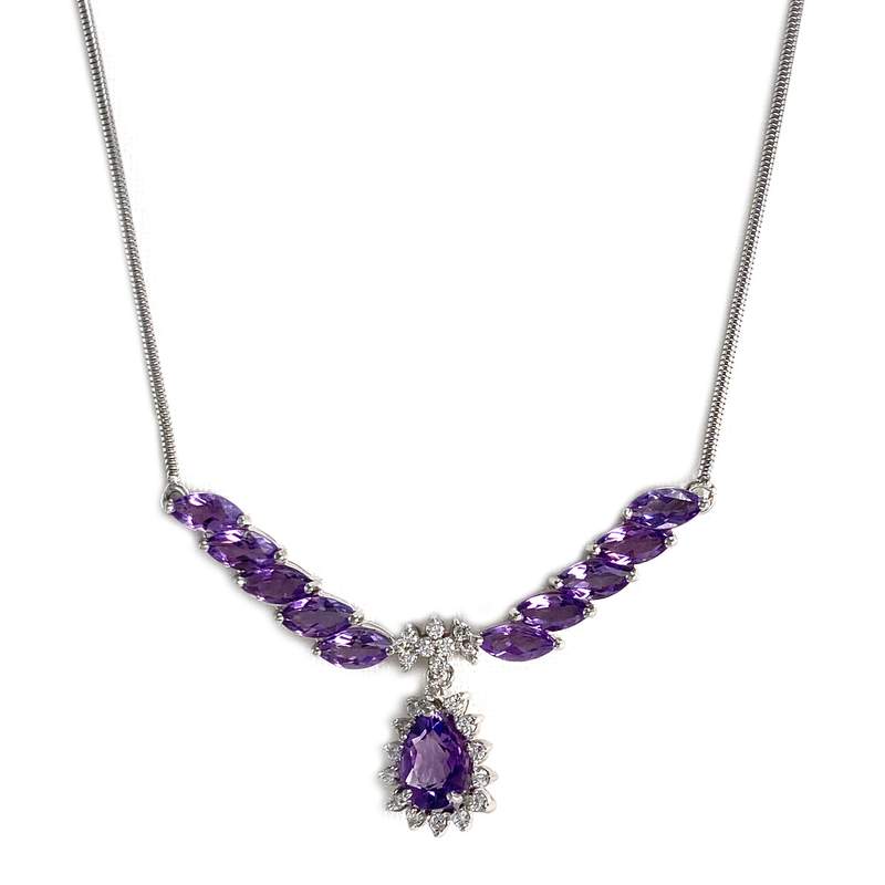 Collier d'occasion or 750 blanc maille serpentine améthystes diamants - vue 1