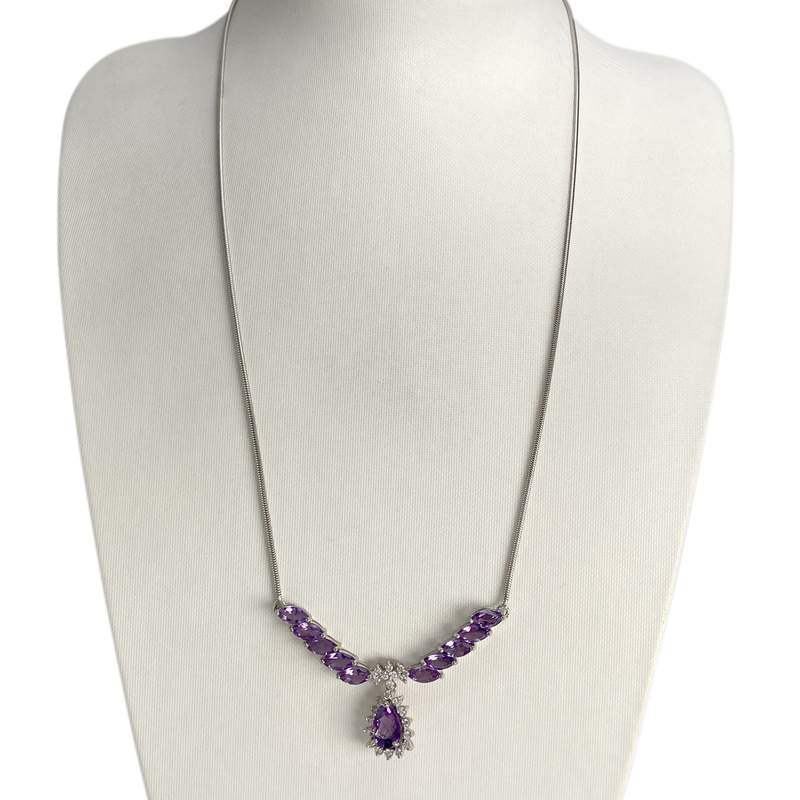 Collier d'occasion or 750 blanc maille serpentine améthystes diamants - vue 2