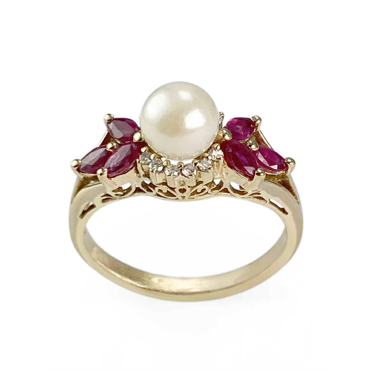 Bague d'occasion or 750 jaune perle de culture rubis diamants