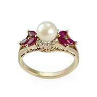 Bague d'occasion or 750 jaune perle de culture rubis diamants