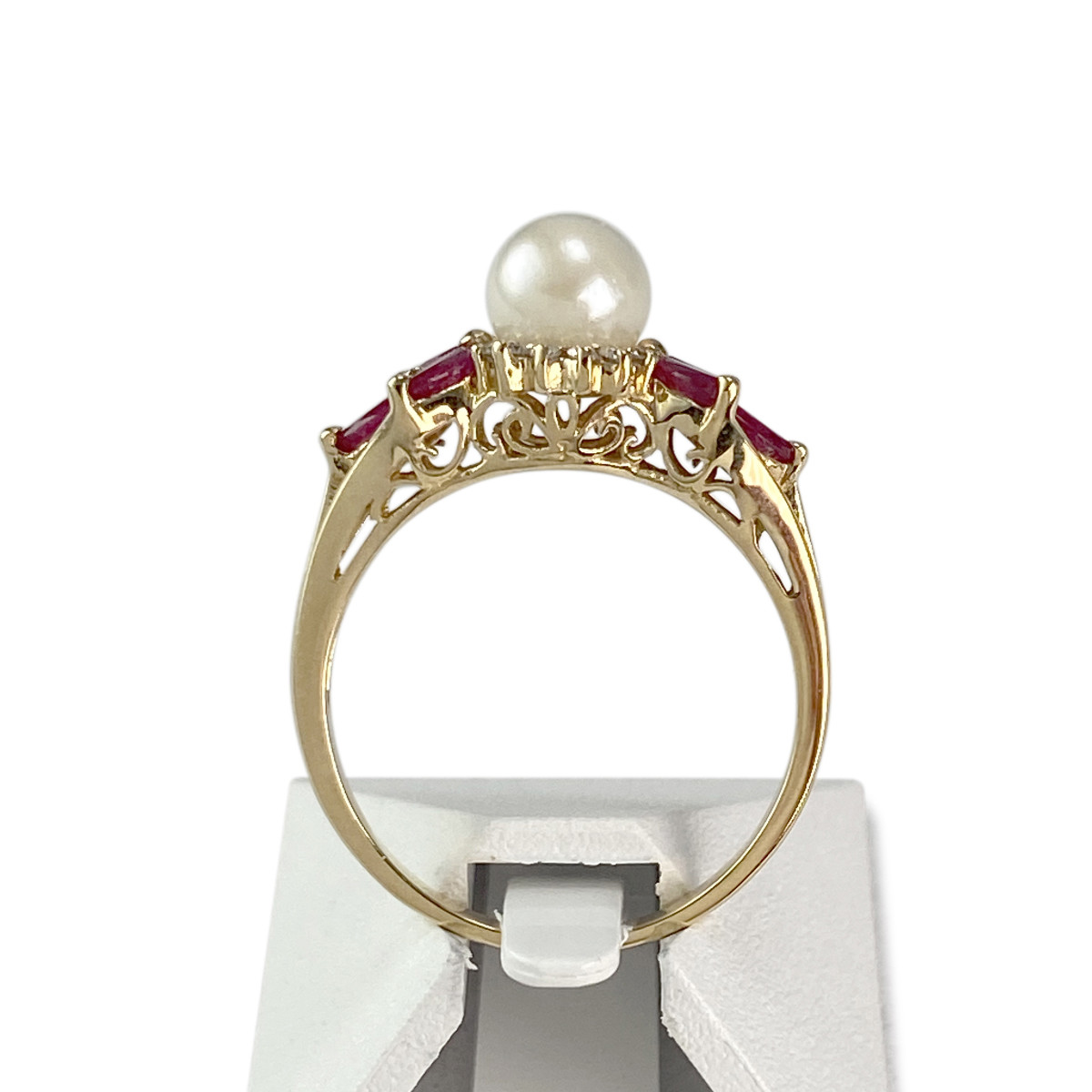 Bague d'occasion or 750 jaune perle de culture rubis diamants - vue 3