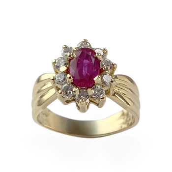 Tweedehands goud 750 gele diamant robijn ring