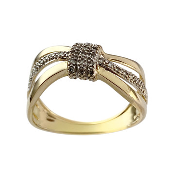 Tweekleurige ring van 375 goud met diamant, tweedehands