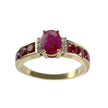 Tweedehands goud 750 gele robijn diamanten ring