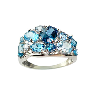 Bague d'occasion or 375 blanc topaze london blue, topaze swiss blue et topaze sky blue