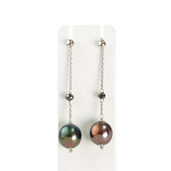 Boucles d'oreilles d'occasion or 750 blanc perles de Tahiti diamants noirs