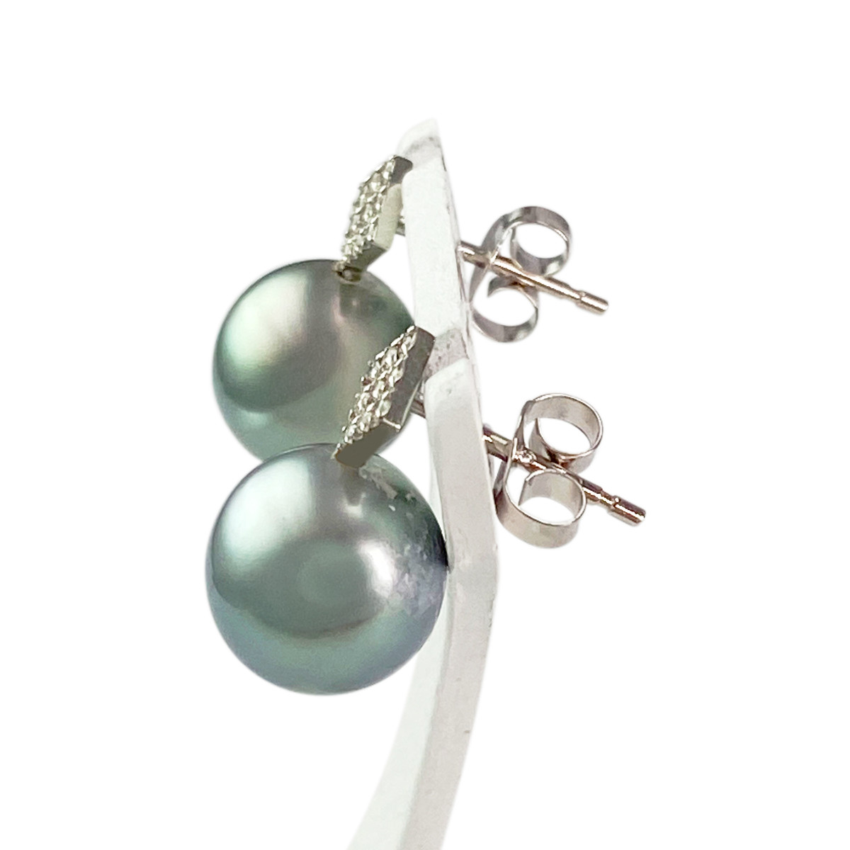 Boucles d'oreilles d'occasion or 750 blanc diamants perles de Tahiti - vue 2