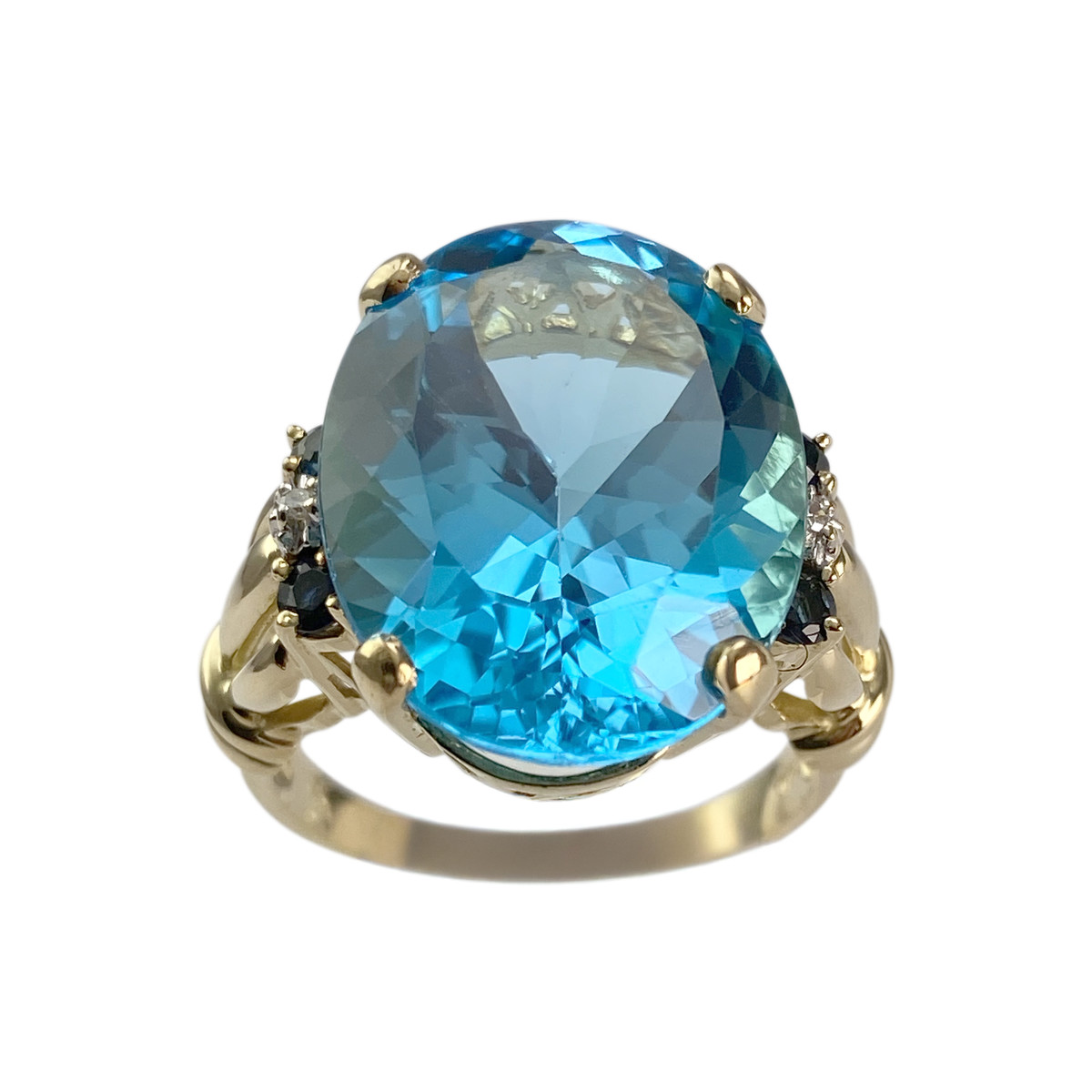 Tweekleurige ring van 750 goud, behandelde topaas, Swiss blue saffieren, diamanten