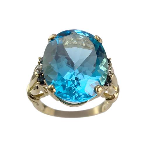 Bague d'occasion or 750 2 tons topaze traitée Swiss blue saphirs diamants