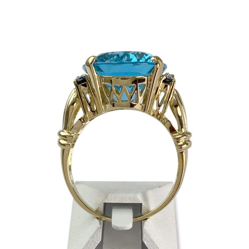 Bague d'occasion or 750 2 tons topaze traitée Swiss blue saphirs diamants - vue 3