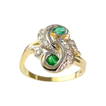 Pre-owned 18K two-tone gold ring with emeralds and diamonds