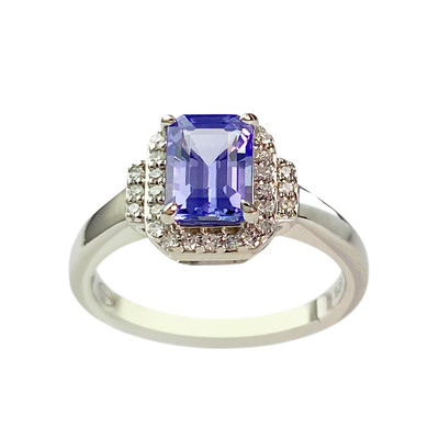 Bague d'occasion or 375 blanc tanzanite, diamants, diamants synthétiques