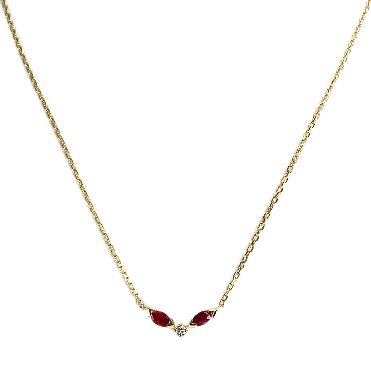 Tweedehands halsketting van 750 geelgoud met diamanten en robijnen